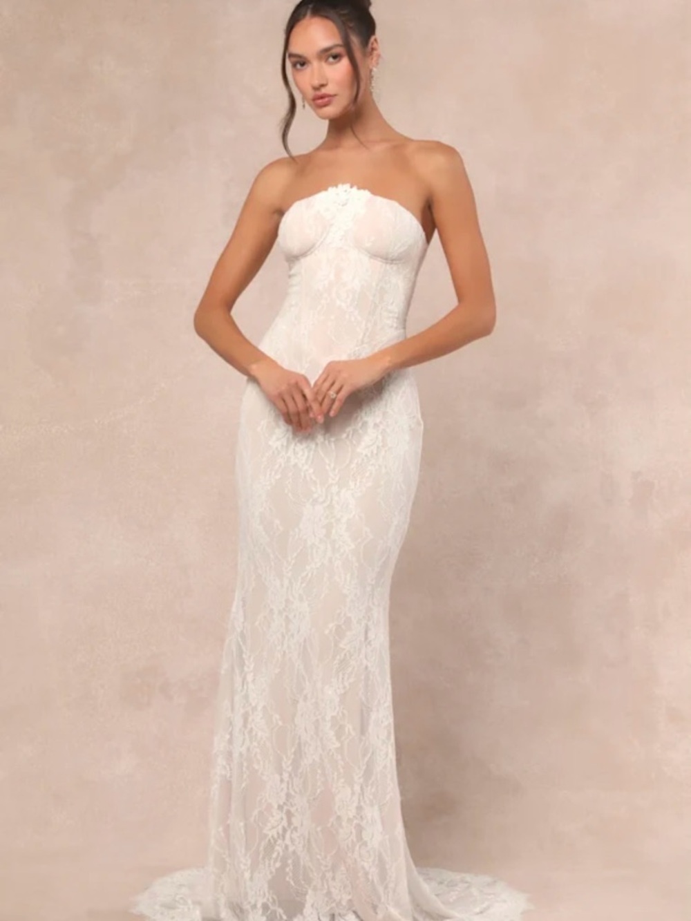 Lulus Valeria White Lace Strapless Bustier Maxi Dress